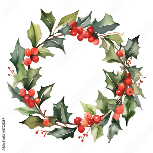 Watercolor Christmas wreath with holly berries and green leaves isolated on transparent background. Illustration for design, greeting card, invitation, postcard, frame or template