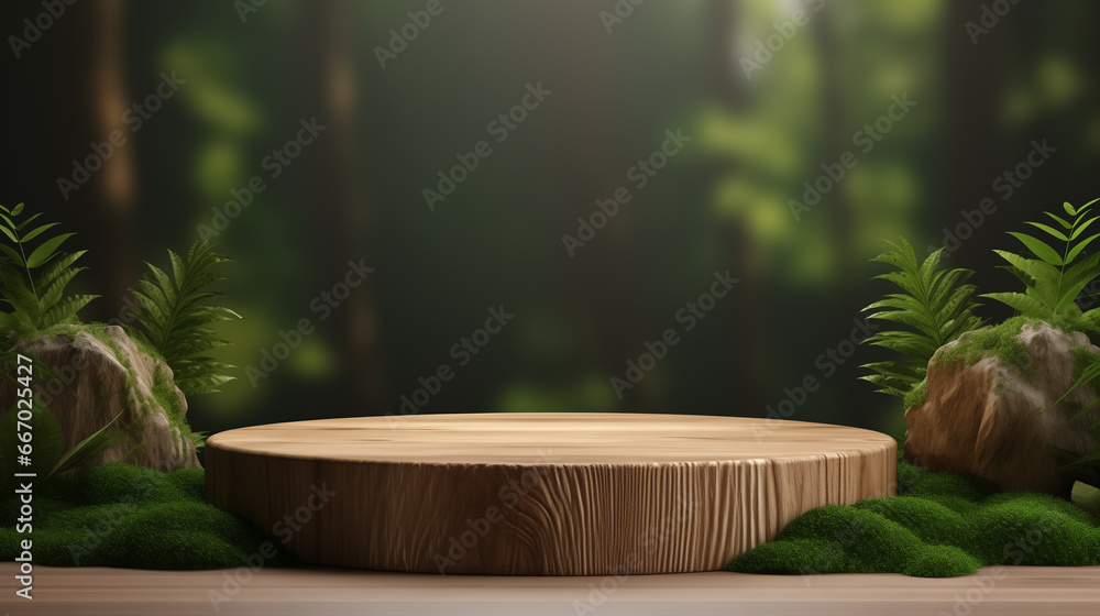 product presentation wooden podium in tropical forest product presentation wooden podium in tropical forest