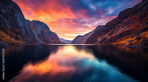 Nordic fjord at sunrise. Calm waters with reflection