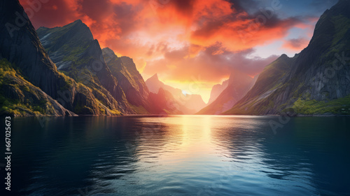 Nordic fjord at sunrise. Calm waters with reflection