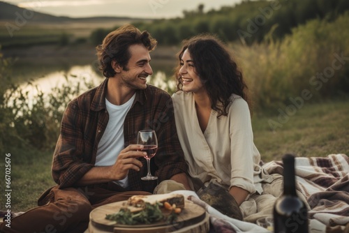 Image of a couple enjoying a picnic with wine. Generative AI