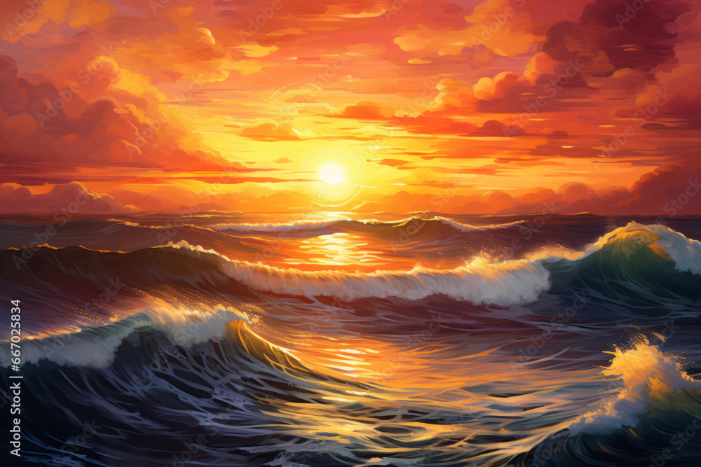Painting of a sunset over the ocean
