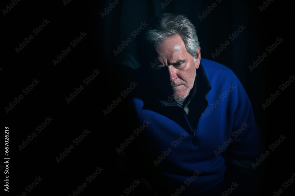 Senior man wearing blue sweater picked out by spotlight in dark room