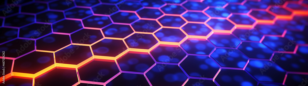 Minimal dark business banner with neon blue and pink hexagon pattern. Generative AI Minimal dark business banner with neon blue and pink hexagon pattern. Generative AI