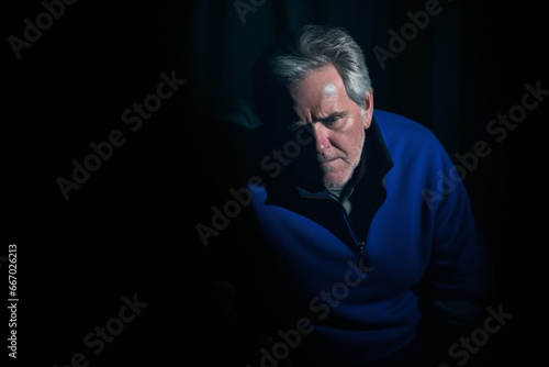 Senior man wearing blue sweater picked out by spotlight in dark room