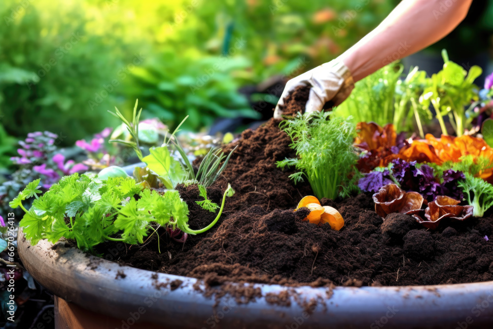 Composting food waste in compost bin garden. Close up of person's hands