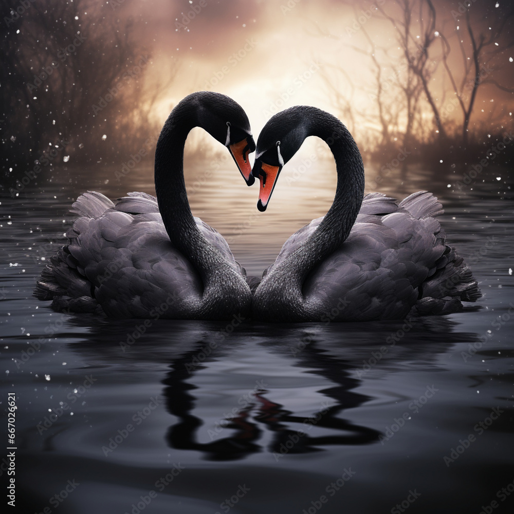 美しい湖に浮かぶハートマークを形作る2羽の黒鳥 - obrazy, fototapety, plakaty 