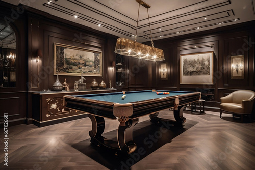 Entertainment room with pool table designed in royal style generative ai