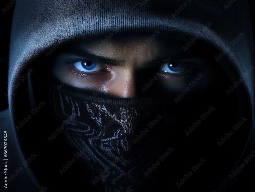 man in hoodie with blue eyes on black background in a dark environment