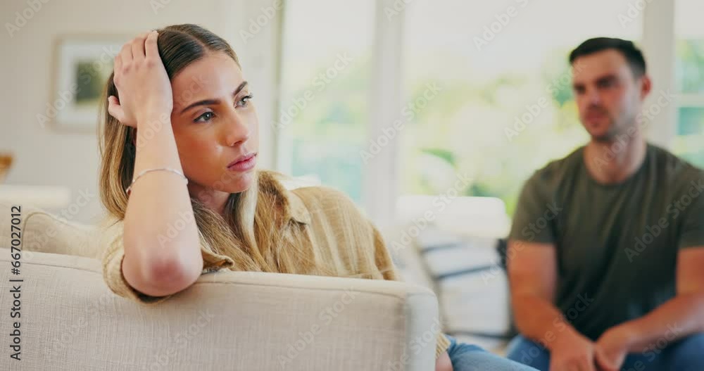 Couple, fight and shout for divorce, stress and breakup for argument on sofa at home. Face, frustrated woman and angry man in conflict, crisis and complain of drama for cheating in toxic relationship Couple, fight and shout for divorce, stress and breakup for argument on sofa at home. Face, frustrated woman and angry man in conflict, crisis and complain of drama for cheating in toxic relationship