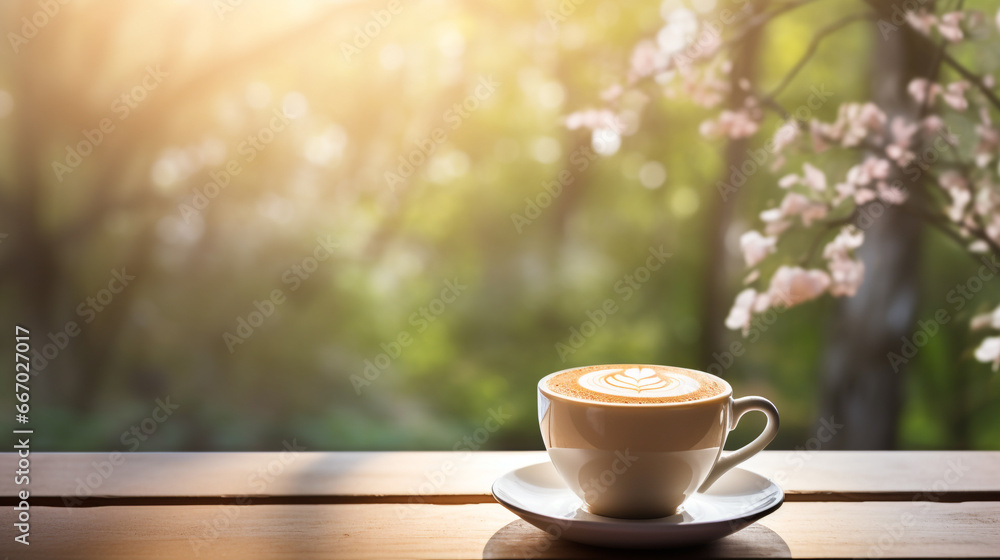 A cup of coffee on the background of spring trees A cup of coffee on the background of spring trees