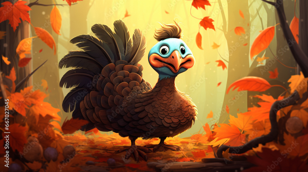 Adorable Baby Gobbler Turkey with Silly Expression in Fall Nature Setting with Vibrant Colors - Leaves and Trees in Forrest - Thanksgiving and Autumnal Concept Adorable Baby Gobbler Turkey with Silly Expression in Fall Nature Setting with Vibrant Colors - Leaves and Trees in Forrest - Thanksgiving and Autumnal Concept