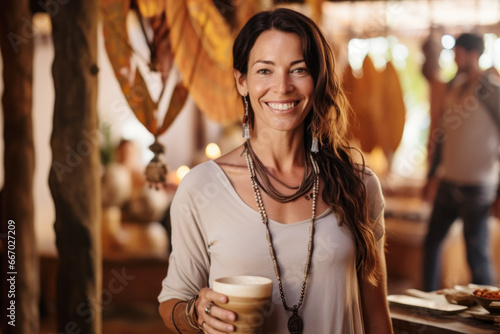  Portrait of a happy and smiling yoga teacher on Ibiza island, holding cacao drink in ceramic cup. Blurred people in the background