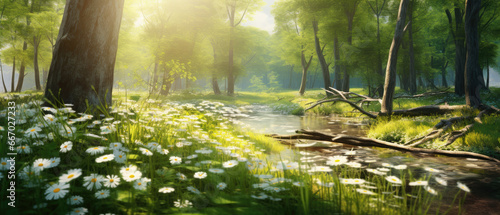 beautiful background of a green pasture with dandelion and sun shining through forest trees