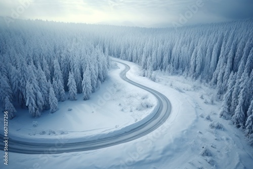 A frigid winter journey through a wild and enchanting forest, where the frozen trees reach for the endless sky and the winding road leads to a peaceful solitude in the midst of nature's beauty