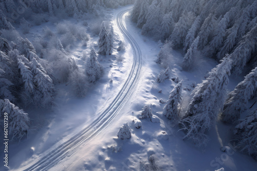 A frozen landscape, blanketed in snow, the only trace of life being the winding tire tracks leading through the wintry trees and up the majestic mountain © Glittering Humanity