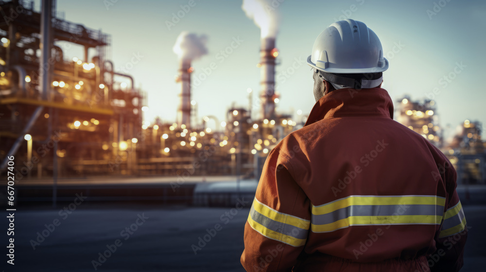 Industrial worker standing in front of a refinery plant during the night Industrial worker standing in front of a refinery plant during the night