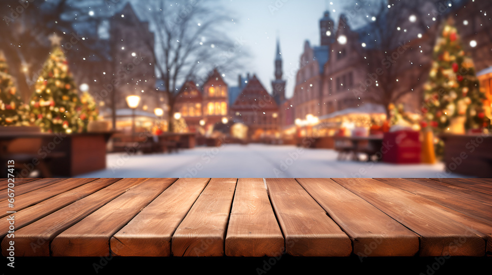 A wooden table left empty, against the backdrop of a Christmas market with bokeh lighting and holiday decorations. A versatile template for exhibiting products. A wooden table left empty, against the backdrop of a Christmas market with bokeh lighting and holiday decorations. A versatile template for exhibiting products.
