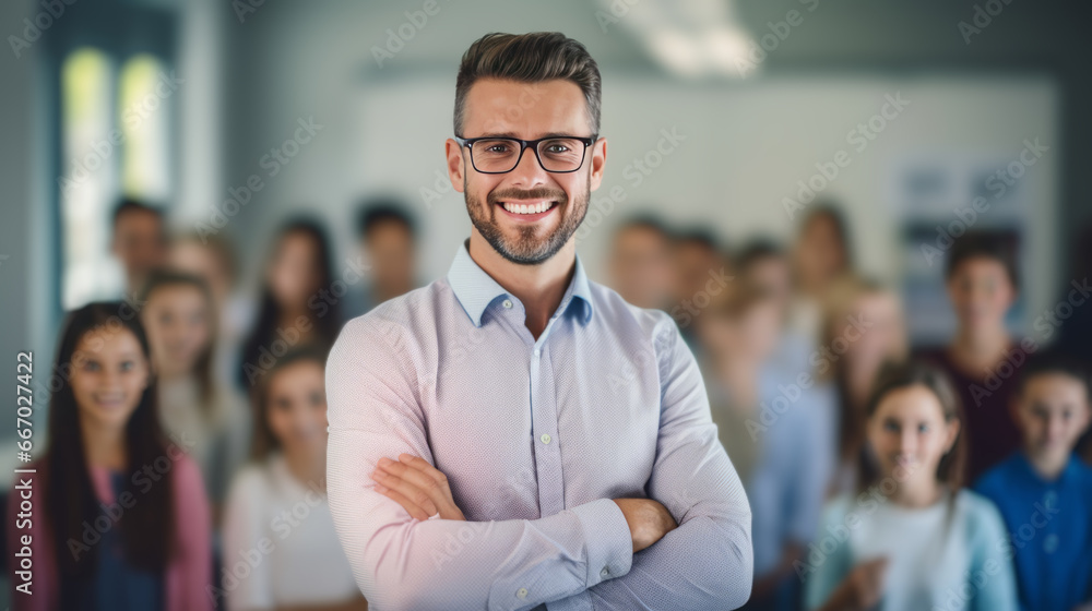 Portrait of smiling businessman with arms crossed standing in front of his colleagues Portrait of smiling businessman with arms crossed standing in front of his colleagues