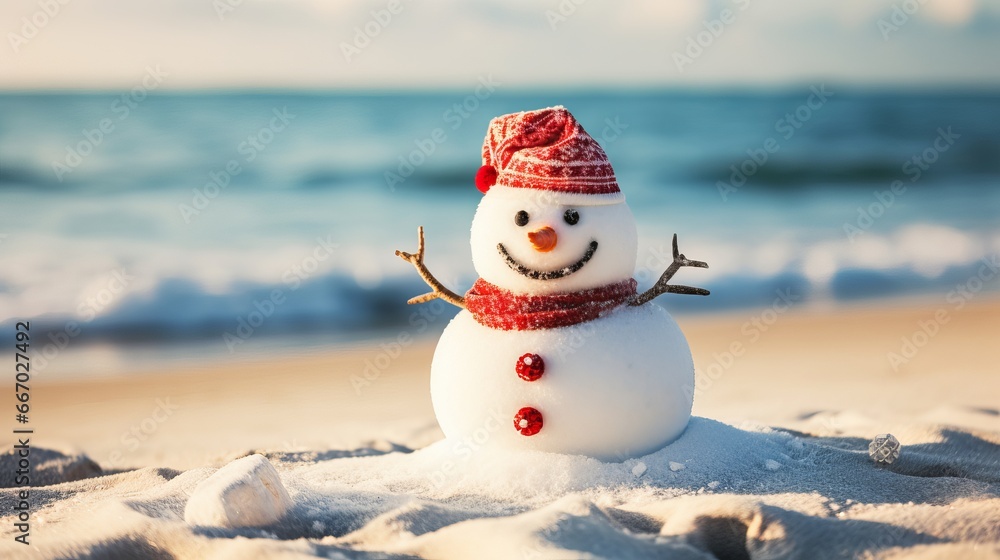 joyful sandy snowman in red santa gat enjoying the seaside joyful sandy snowman in red santa gat enjoying the seaside