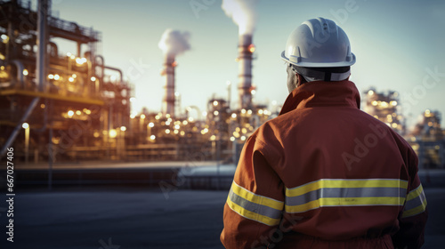 Industrial worker standing in front of a refinery plant during the night