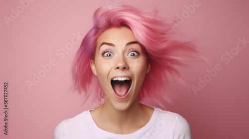 Vivid Euphoria: A Striking Young Woman with Radiant Pink Hair, Exuding Surprised Delight, Perfectly Harmonized with a Matching Pink Canvas.