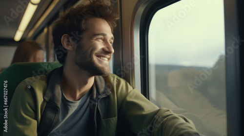 Charismatic Gentleman Embarking on a Train Adventure: Gazing Out at the Landscape with a Smile, Symbolizing the Luxury of Convenient Transportation.