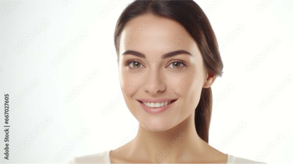 Radiant Portrait: Joyful Young Woman with a Flawless Complexion Emphasizing Skin Care Beauty, Cosmetic Grace, and Dental Health on a White Background. Radiant Portrait: Joyful Young Woman with a Flawless Complexion Emphasizing Skin Care Beauty, Cosmetic Grace, and Dental Health on a White Background.