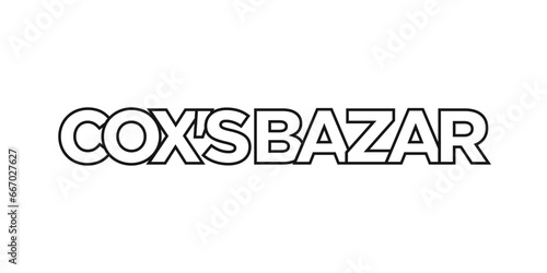 Coxs Bazar in the Bangladesh emblem. The design features a geometric style, vector illustration with bold typography in a modern font. The graphic slogan lettering.