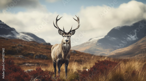 Majestic Highlands Guardian: A Robust Scottish Red Deer Stag, Standing Regally Amidst the Rugged Beauty of Glen Etive, Scotland. © Ai Studio