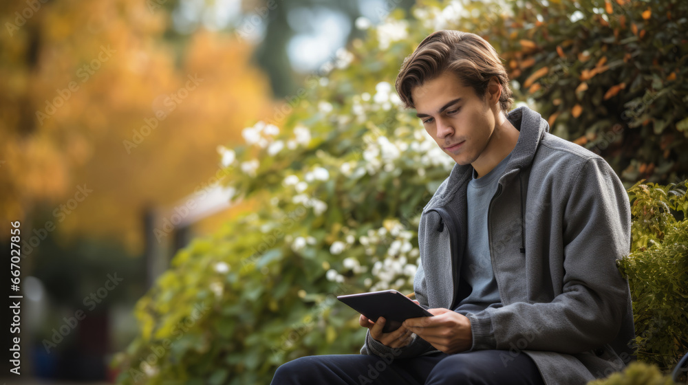 Student studies on a tablet, beautiful nature Student studies on a tablet, beautiful nature