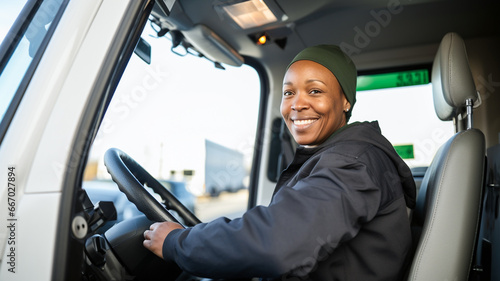 Shot of a confident african american female delivery truck driver seated at the helm. Trucker occupation. Transportation services.