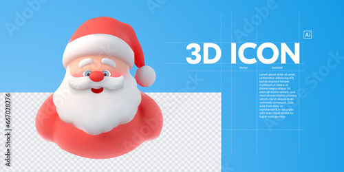 Festive 3D Rendered Santa Claus Icon: Jolly Santa Face with Vibrant Colors on a Modern Blue Background. 3D vector illustration cartoon icon