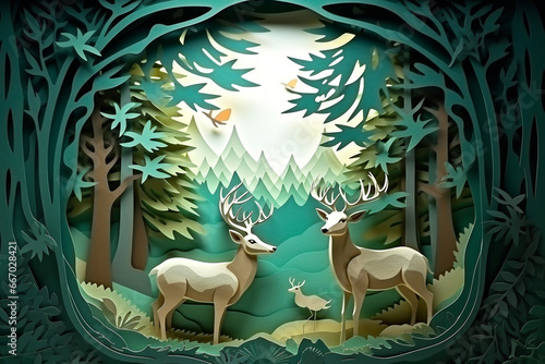 Deer in the forest. 3D illustration. Paper cut style.