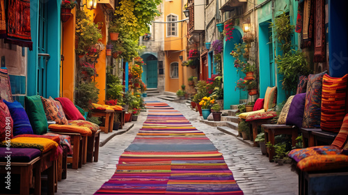 Vibrant Turkish carpet adorns the cozy street © standret