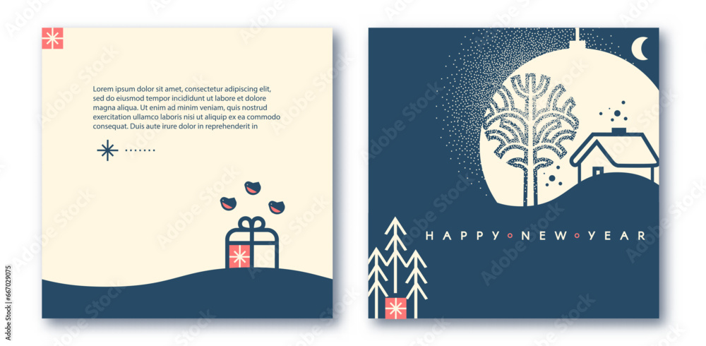 Merry Christmas and Happy New Year flyer and card template set. Season winter offer. Minimal landscape and gift box.