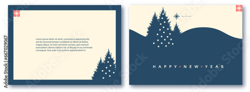 Merry Christmas and Happy New Year flyer and card template set with Christmas trees. Coniferous forest. Fir tree. Season winter offer. Minimal landscape.