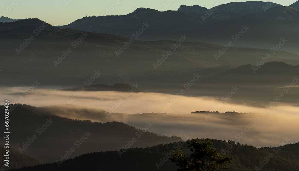 morning fog over the Roncal valley, from Alto de Coronas,, Navarra, Spain