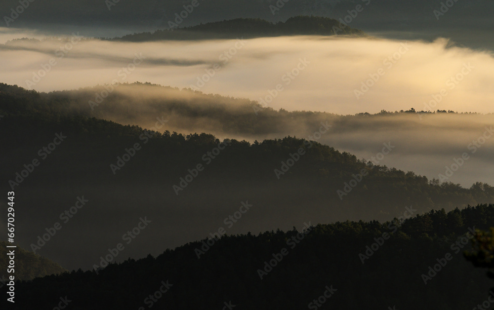 morning fog over the Roncal valley, from Alto de Coronas,, Navarra, Spain morning fog over the Roncal valley, from Alto de Coronas,, Navarra, Spain
