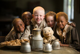 Portrait of cute children, African albino boy with white skin and hair, beautiful children of different nationalities standing together, concept of inclusivity, albinism and diversity.