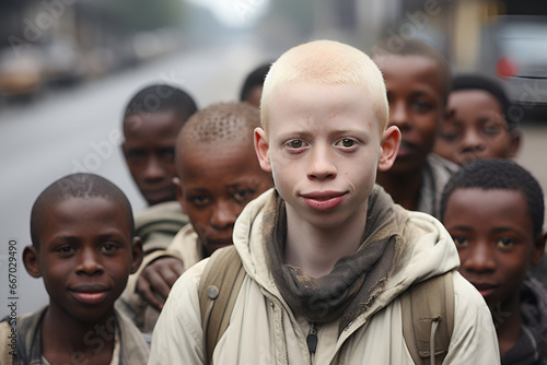 International Albinism Awareness Day is June 13th. A group of African American children with different skin types and a guy with albinism pose together. Concept of body positivity and self-acceptance