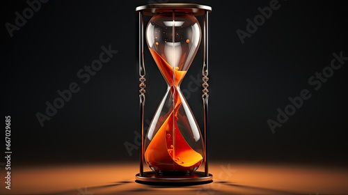  an hourglass with an orange liquid inside of it on a black background. generative ai