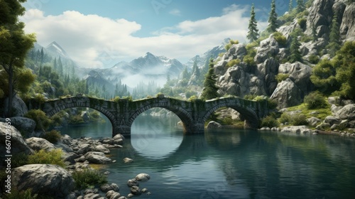  a painting of a stone bridge over a river with mountains in the background.  generative ai