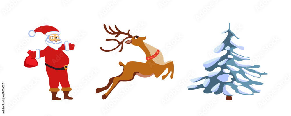 Vector Christmas stickers Santa Claus waving his arms, Christmas tree in the snow and deer.