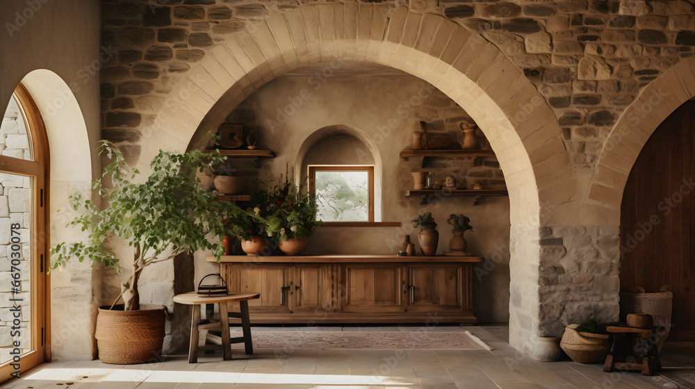 Rustic boho interior design of modern entrance hall with arched doorway. Stone cladding wall and timber beam ceiling in country house hallway