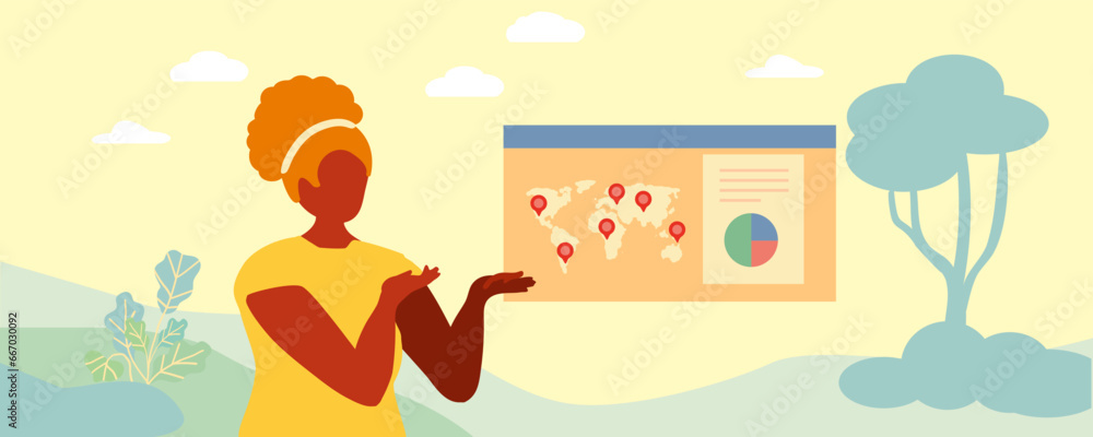 Global world problems concept, girl, world map, diagram, vector illustration Global world problems concept, girl, world map, diagram, vector illustration