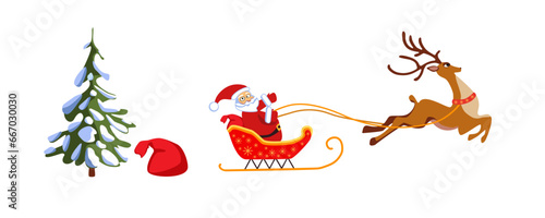 Set of vector Christmas stickers Christmas tree Santa  deer  bag of gifts