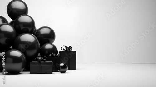 Black Friday, Regalos negros con globos negros sobre fondo blanco photo