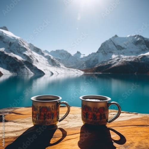 Cups of hot tea on the background of mountain landscape and blue lake. AI Generated