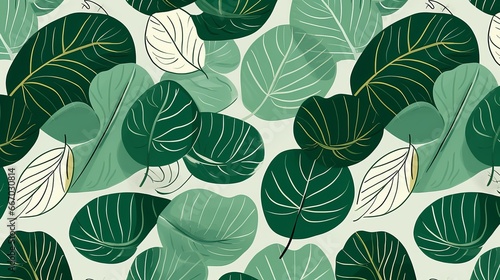 Leaf pattern with minimalist leaf shapes in various greens. AI generated